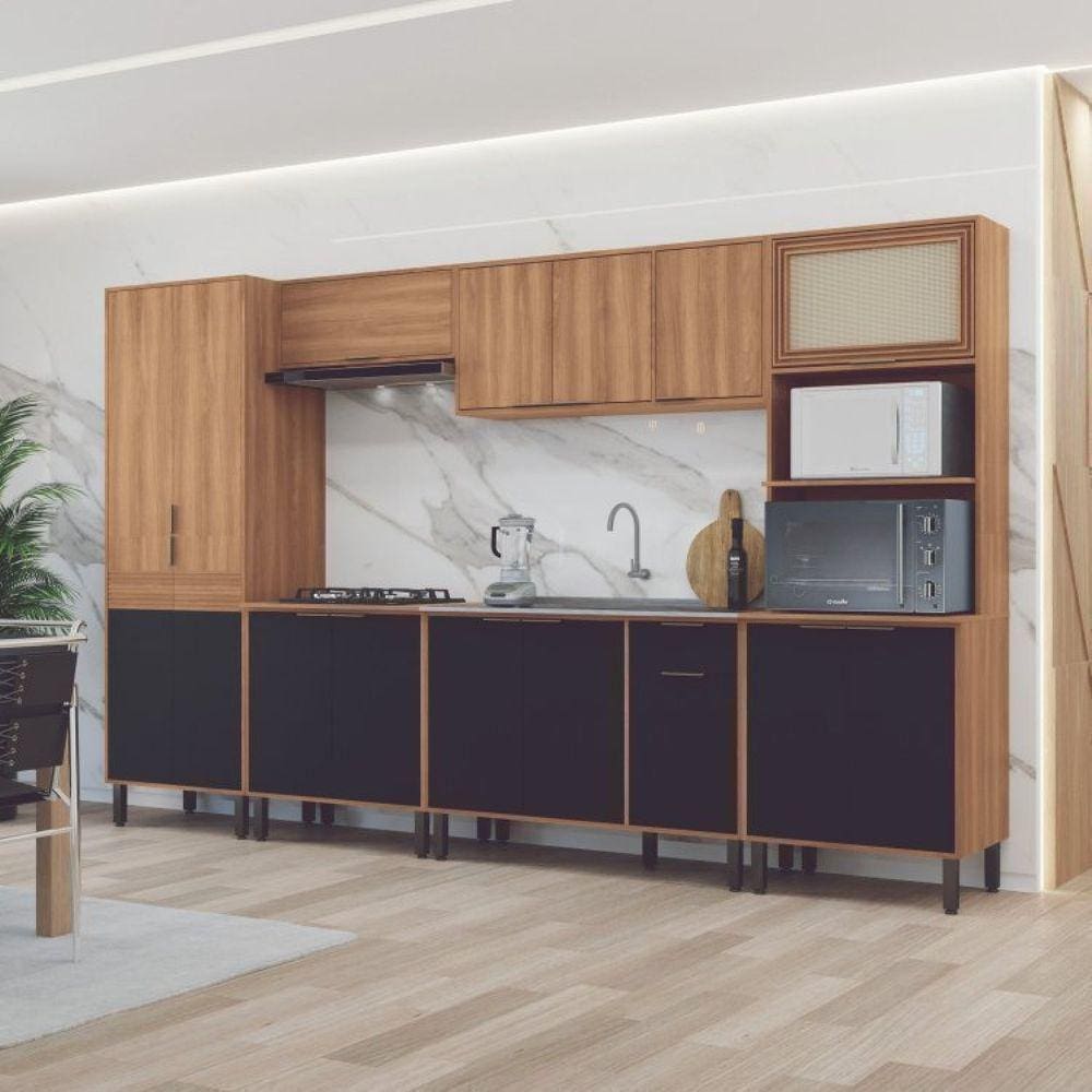 Cozinha Modulada 6 Peças 14 Portas 1 Gaveta Thalita Moveis Sul Nogal Manchester/Preto