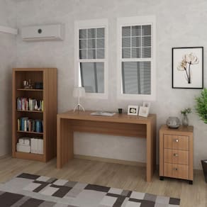 Conjunto Home Office 3 Peças Mesa, Armário Baixo com Nicho e Gaveteiro 3 Gavetas Espresso Móveis Amendoa