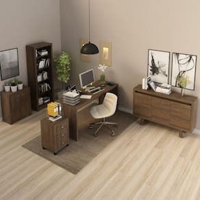 Conjunto Home Office Mesa, Gaveteiro, Estante, Balcão 2 Portas e Balcão 3 Portas Espresso Móveis Rústico