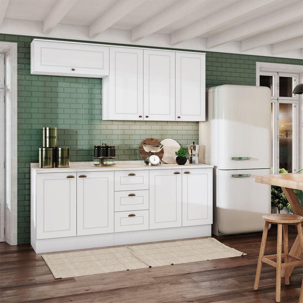 Cozinha Compacta com Tampo 4 Peças 8 Portas 3 Gavetas Emily Espresso Móveis Branco HP/Calcare