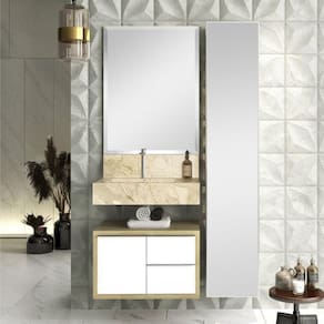 Conjunto para Banheiro com Espelho, Gabinete, Bancada em Porcelanato com Cuba Esculpida 60cm Bumi Wood