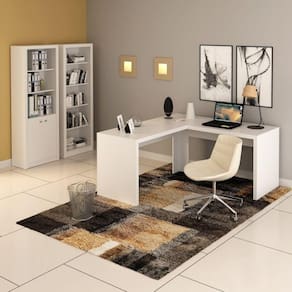 Conjunto Home Office 3 Peças com 1 Mesa para Escritório em L 2 Estantes Espresso Móveis Branco