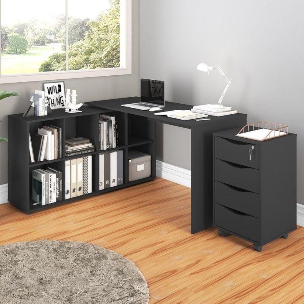 Conjunto Home Office 2 Peças 1 Escrivaninha 8 Nichos 1 Gaveteiro 4 Gavetas Artany Preto