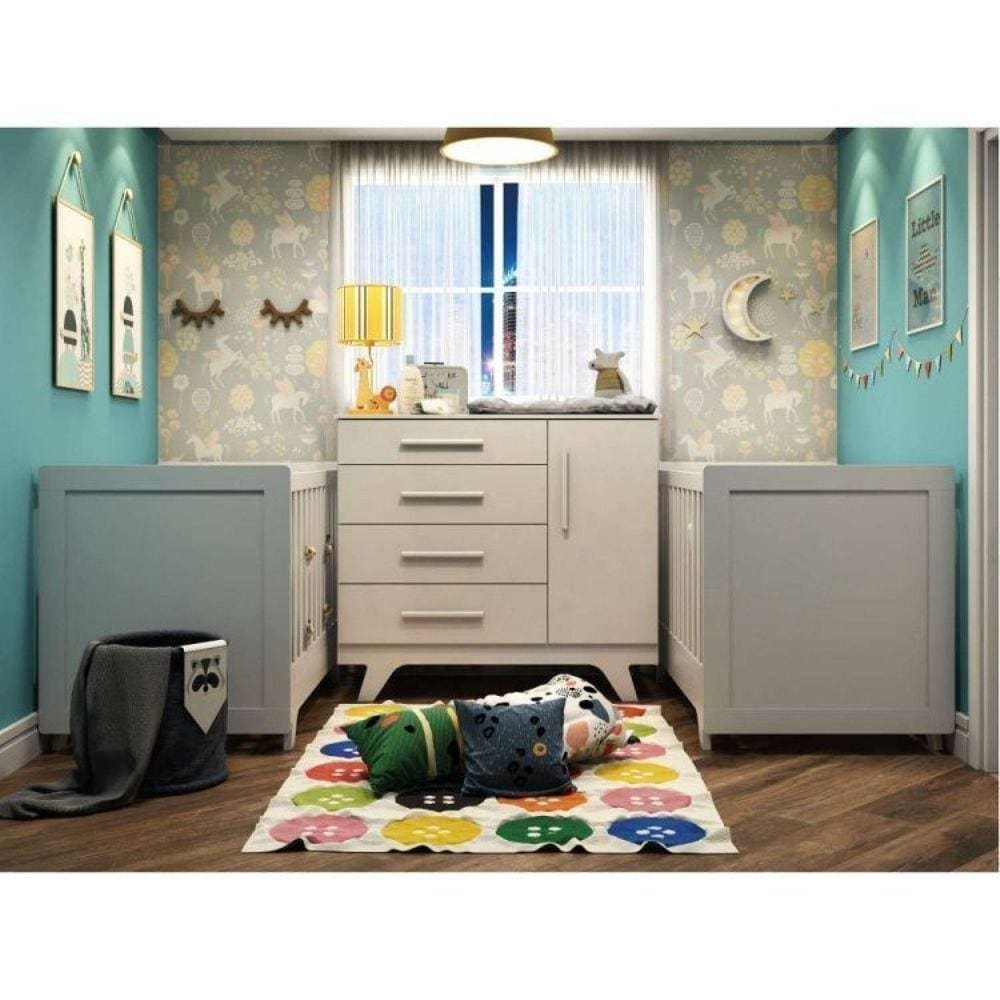 Conjunto para Quarto de Bebê Irmãos Cômoda e 2 Berços Retrô Móveis Peroba Branco Brilho