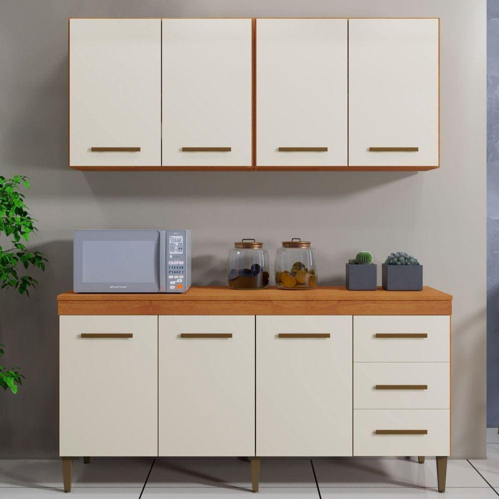 Cozinha Completa 7 Portas 3 Gavetas Atenas Kaiki Móveis Marrom/Off White