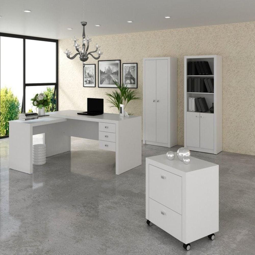 Conjunto Home Office 4 Peças 1 Escrivaninha em L 1 Gaveteiro 1 Armário 1 Estante Espresso Móveis Branco