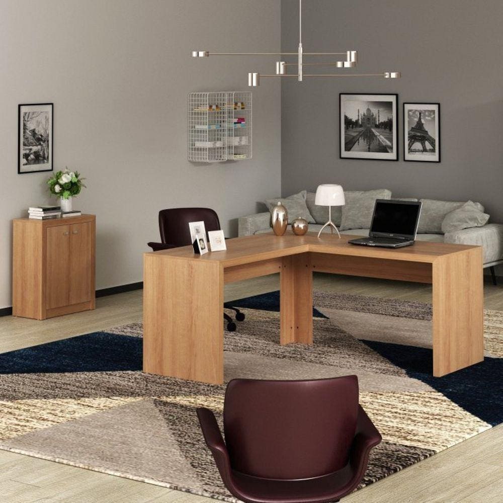 Conjunto Home Office 2 Peças 1 Mesa para Escritório em L com 1 Balcão 2 Portas Espresso Móveis Amendoa