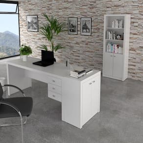 Conjunto Home Office 3 Peças Escrivaninha 3 Gavetas Estante e Balcão 2 Portas Espresso Móveis Branco