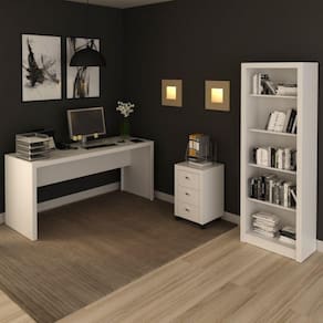 Conjunto Home Office 3 Peças com 1 Mesa para Escritório 1 Estante 1 Gaveteiro Espresso Móveis Branco