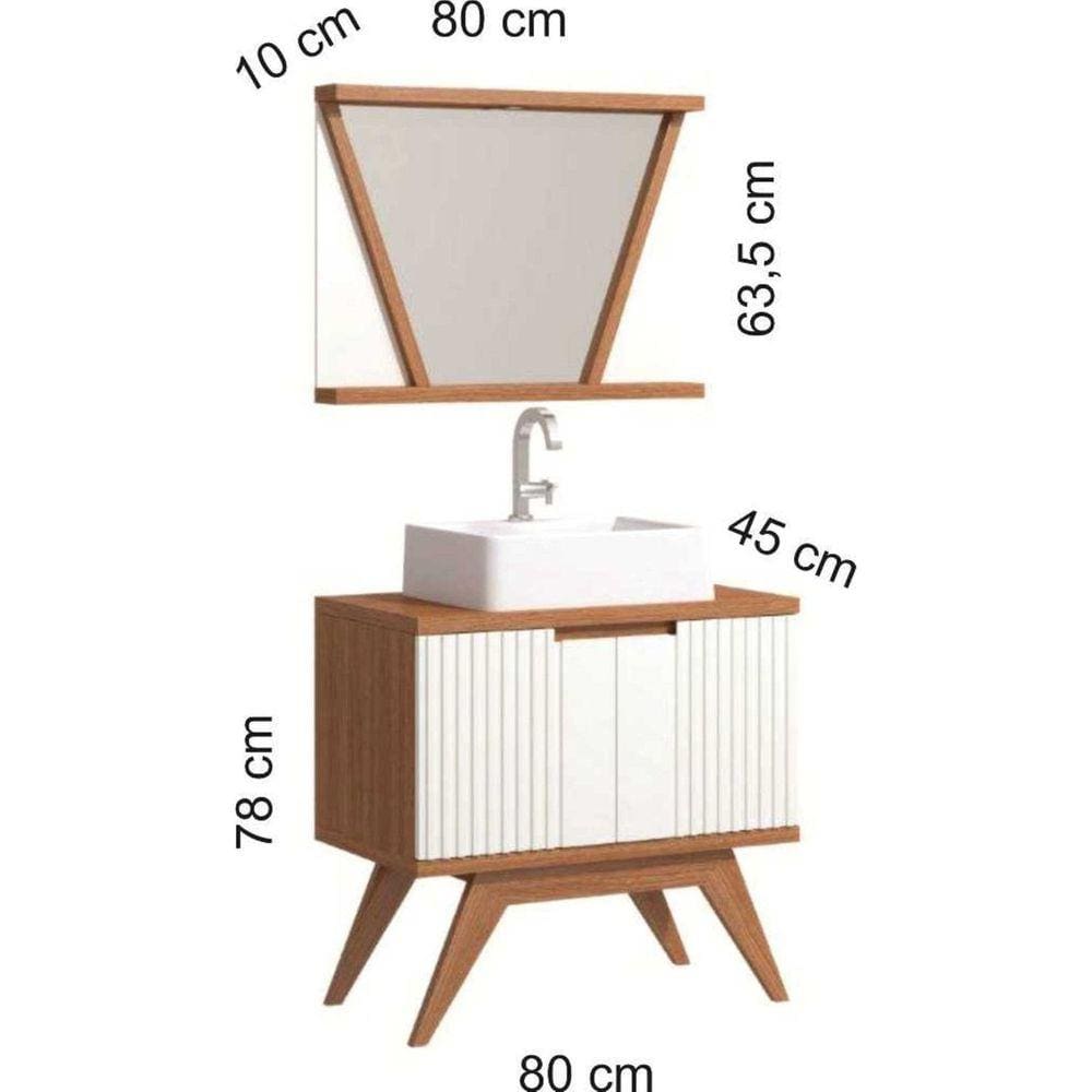 Gabinete para Banheiro Pés Retrô 80cm com Cuba e Espelho com LED Berton Móveis Cinamomo/Branco