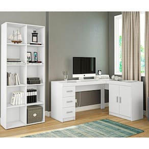 Conjunto Home Office Escrivaninha com Armário Embutido 2 Portas 3 Gavetas e Estante Bagé Politorno Branco