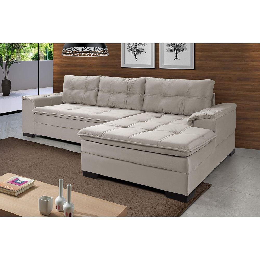 Sofá 3 Lugares com Chaise Suede Aveludado Império Estofados Cinza Claro