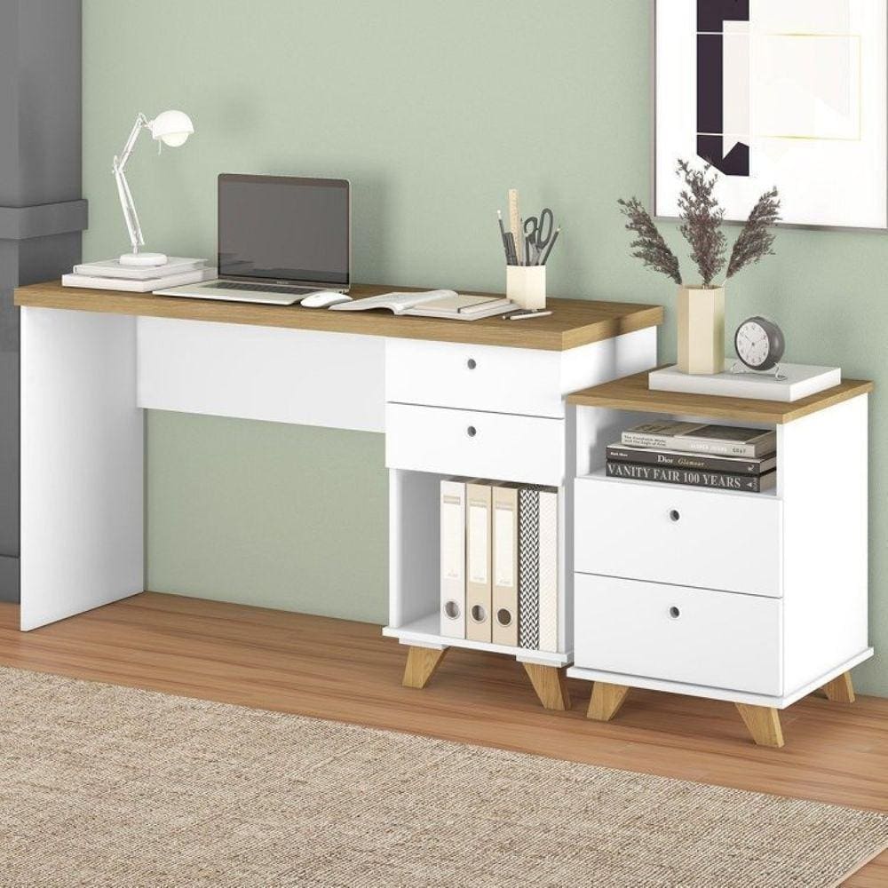 Conjunto Home Office Retrô 2 Peças Escrivaninha Sky com Gaveteiro 2 Gavetas Day Artany Olmo/Branco