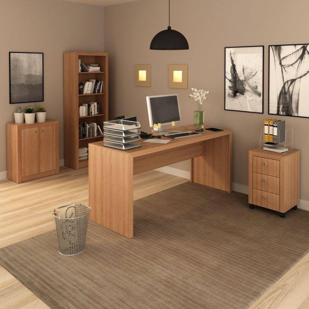 Conjunto Home Office 4 Peças com 1 Mesa 1 Balcão 1 Estante 1 Gaveteiro Espresso Móveis Amendoa
