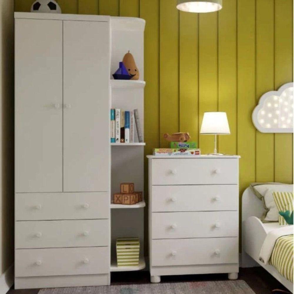 Quarto Infantil com Cômoda 4 Gavetas Guarda-Roupa 2 Portas e Prateleira Fofura Espresso Móveis Branco Brilho