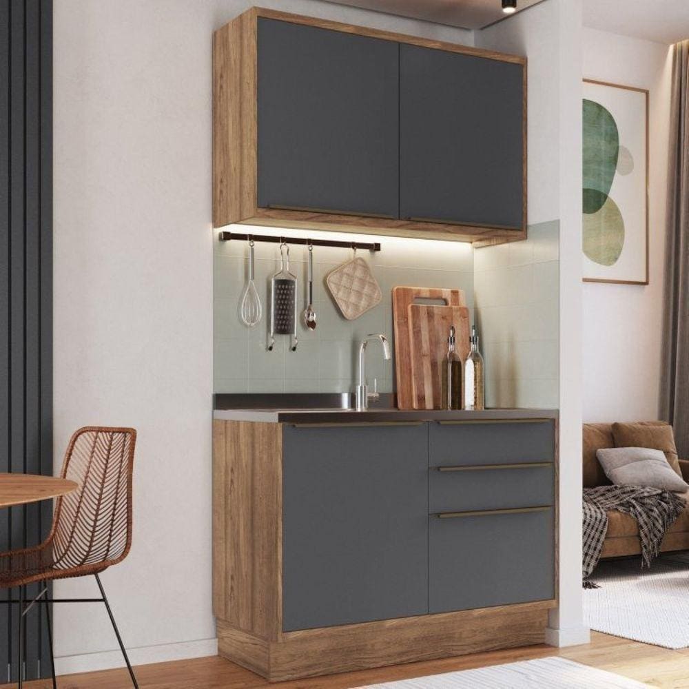 Cozinha Modulada Viena Grafite 2 peças 3 portas e 3 gavetas com Divisor de Talheres Edez Louro Freijó/Cinza Grafitto