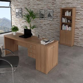 Conjunto Home Office 3 Peças Escrivaninha 3 Gavetas Estante e Balcão 2 Portas Espresso Móveis Amendoa