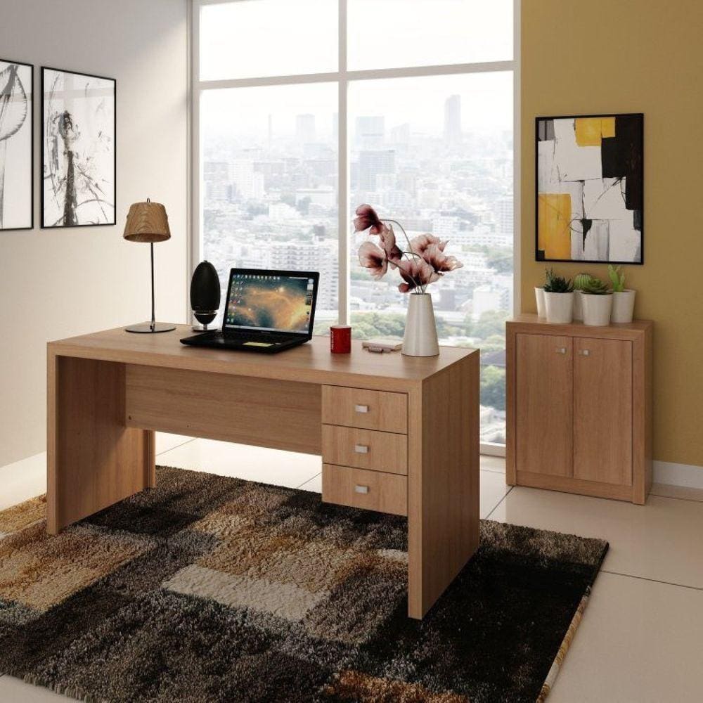 Conjunto Home Office 2 Peças Escrivaninha 3 Gavetas e Balcão 2 Portas Espresso Móveis Amendoa