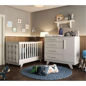 Quarto de Bebê com Cômoda de Bebê e Berço com Botões encapados e Prateleira Retrô Jolie Branco Brilho