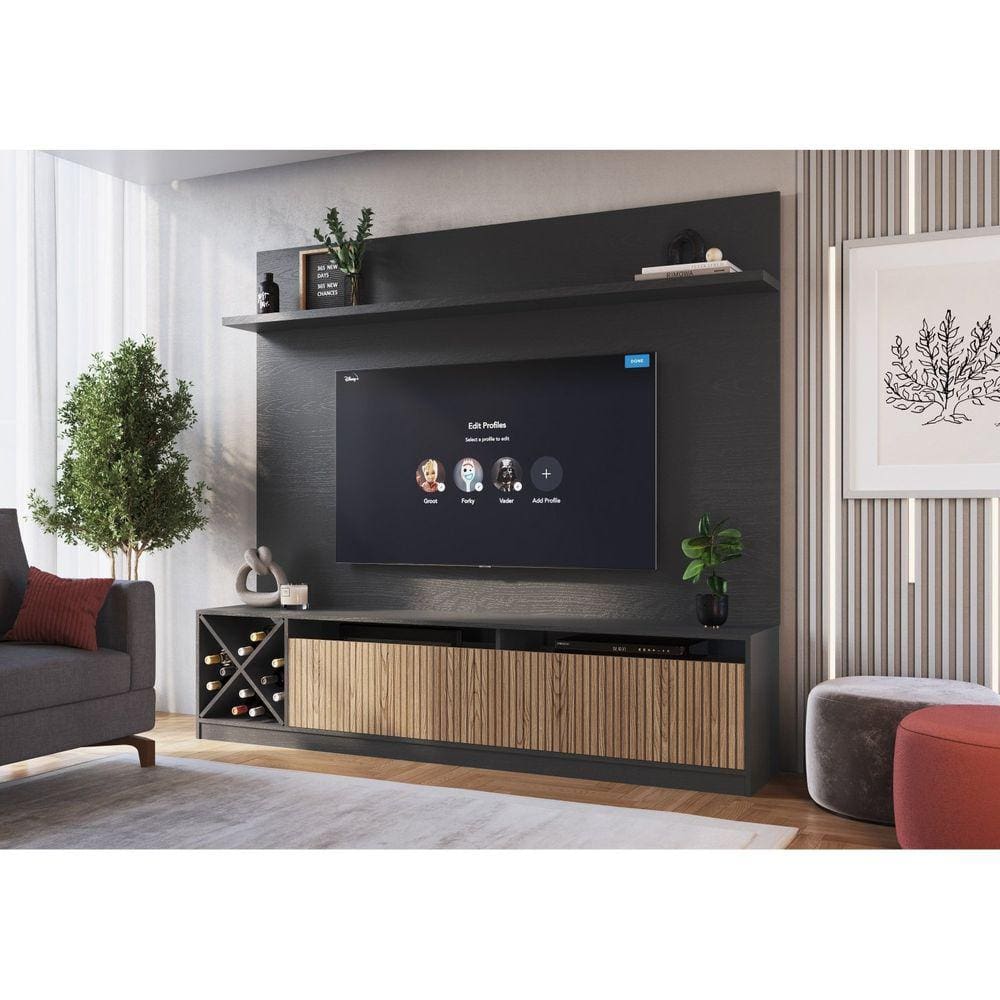 Rack com Impressão Ripado Painel para TV até 50 Polegadas 2 Portas Adega Roma Quiditá Grafite/Brise
