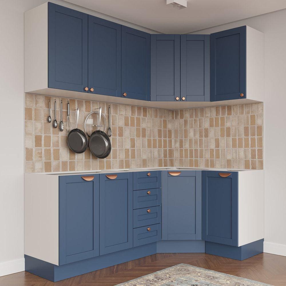 Cozinha Modulada 6 Peças sem Tampo 3 Aéreos 6 Portas e 3 Balcões Arizona CabeCasa MadeiraMadeira Branco/Azul