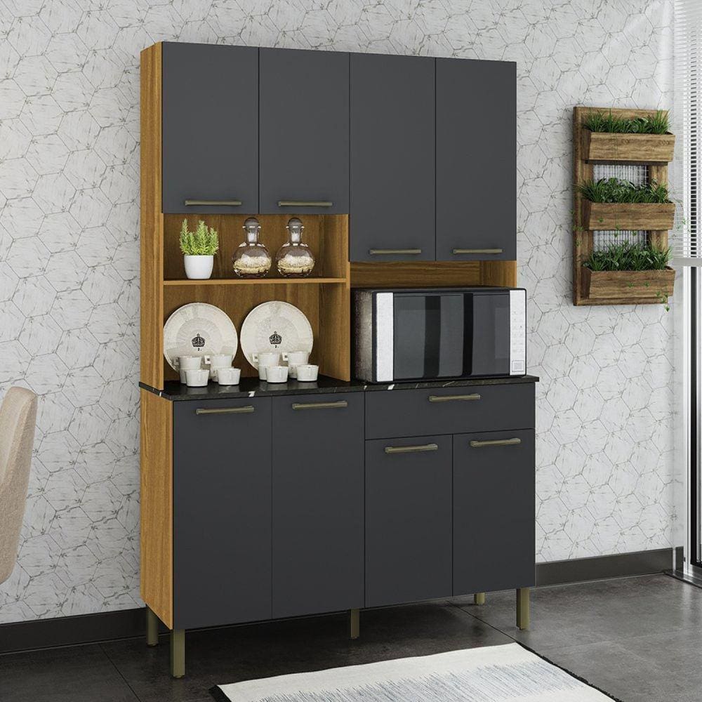 Cozinha Compacta com 8 Portas 1 Gaveta e Espaço para Micro-ondas 100% Mdf San Marino Espresso Móveis Amêndoa/Cinza