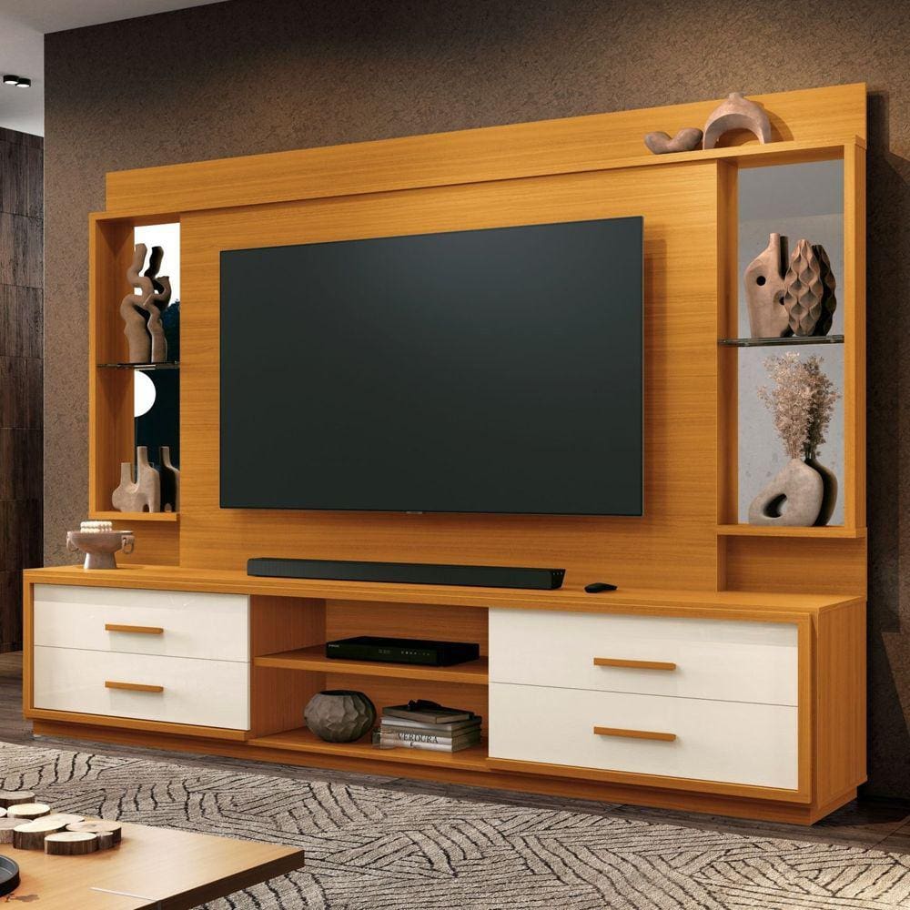 Estante Home para TV até 75 Polegadas com Espelho 4 Gavetas Leni 37869 EDN Móveis Cedro/Off White