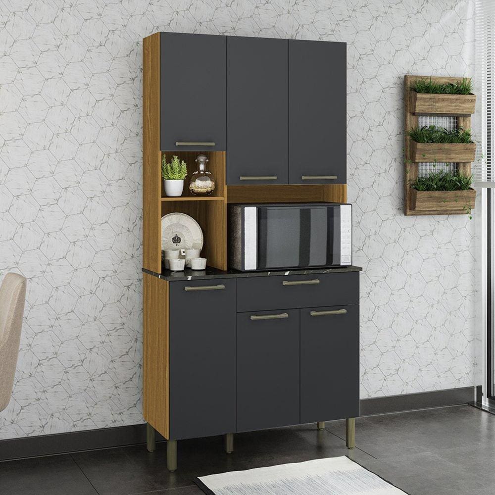 Cozinha Compacta com 6 Portas 1 Gaveta e Espaço para Micro-ondas 100% Mdf San Marino Espresso Móveis Amêndoa/Cinza