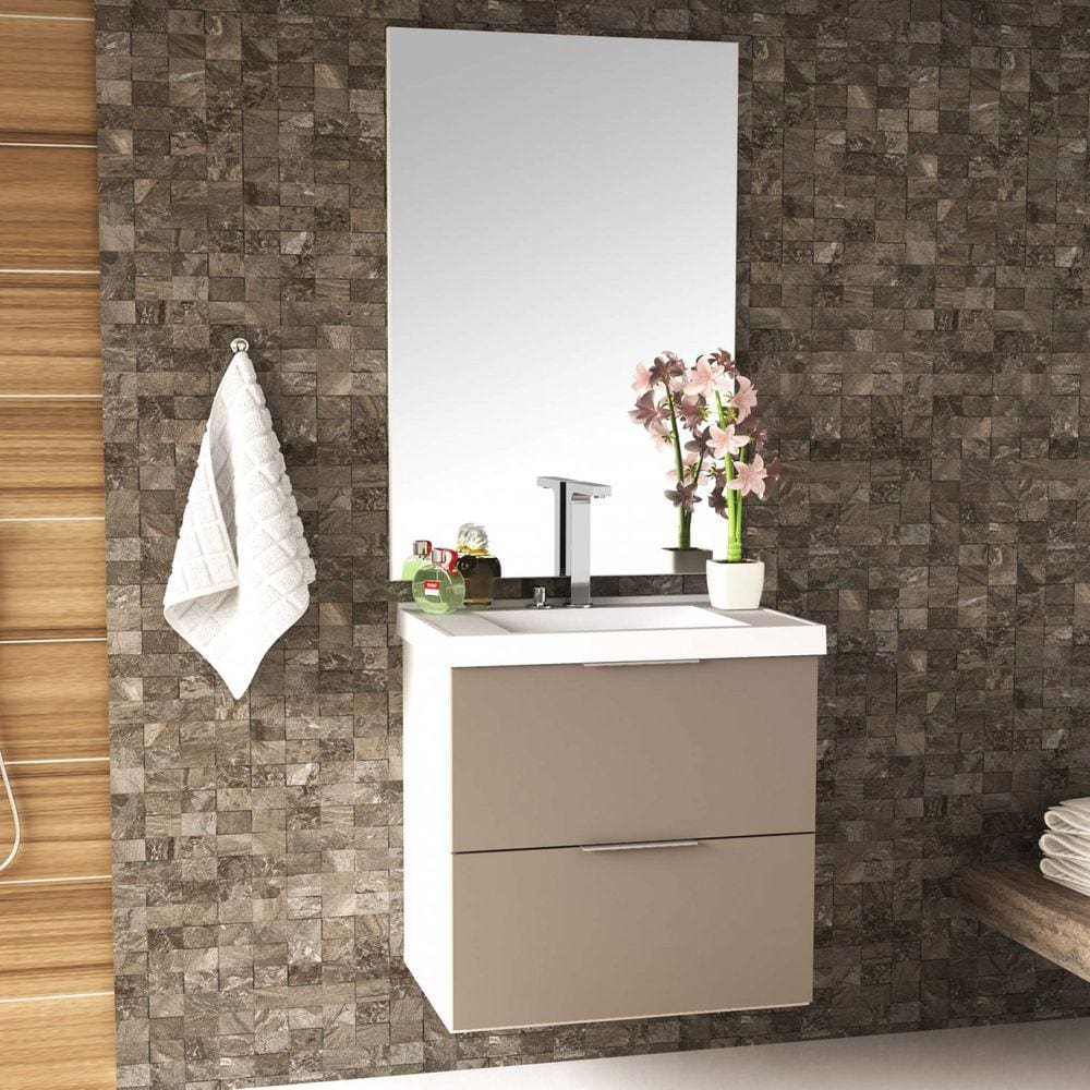 Gabinete para Banheiro com Cuba e Espelheira 60cm Pietra Móveis Bosi Branco/Gianduia Brilho