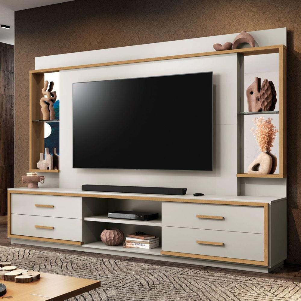 Estante Home para TV até 75 Polegadas com Espelho 4 Gavetas Leni 37969 EDN Móveis Cinza/Freijó Nobre