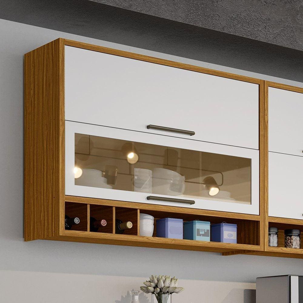 Armário Aéreo de Cozinha 120cm com 2 Portas Basculantes e Vidro Reflecta 100% Mdf Vicenza Espresso M Amêndoa/Branco
