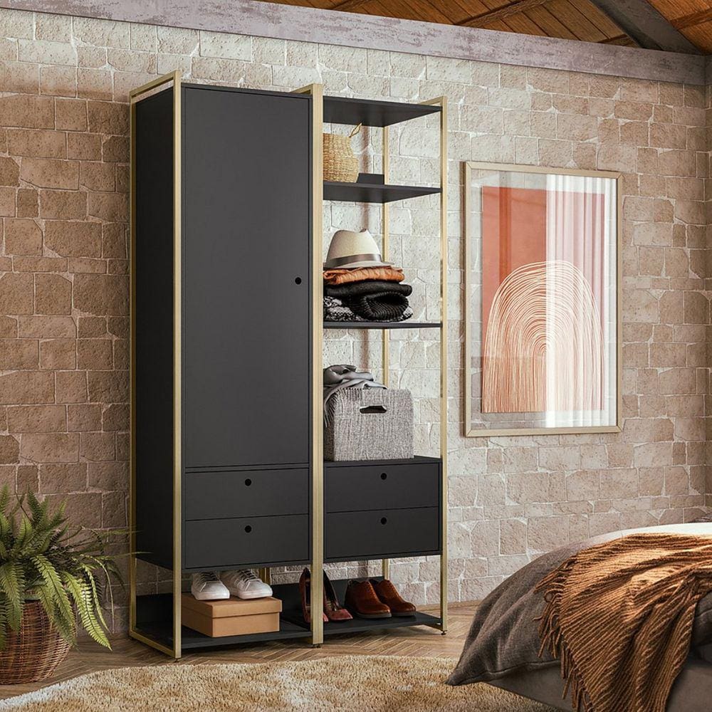 Guarda Roupa Closet Modulado Industrial 1 Porta 4 Gavetas Olivar Preto