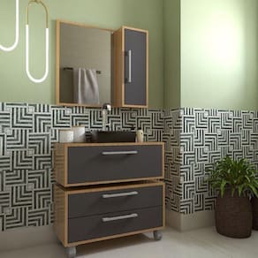 Gabinete para Banheiro Suspenso 80cm Alice com Balcão 2 Gavetas e Espelheira com Cuba Preta Mel/Grafite