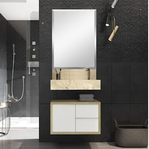 Conjunto para Banheiro com Espelho, Gabinete, Bancada em Porcelanato com Cuba Esculpida 60cm Bumi WOOD