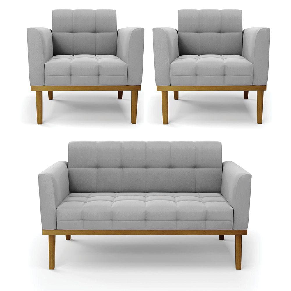 Namoradeira com 2 Poltronas Base de Madeira Castanho Elisa Suede Cinza D03 - D`Rossi