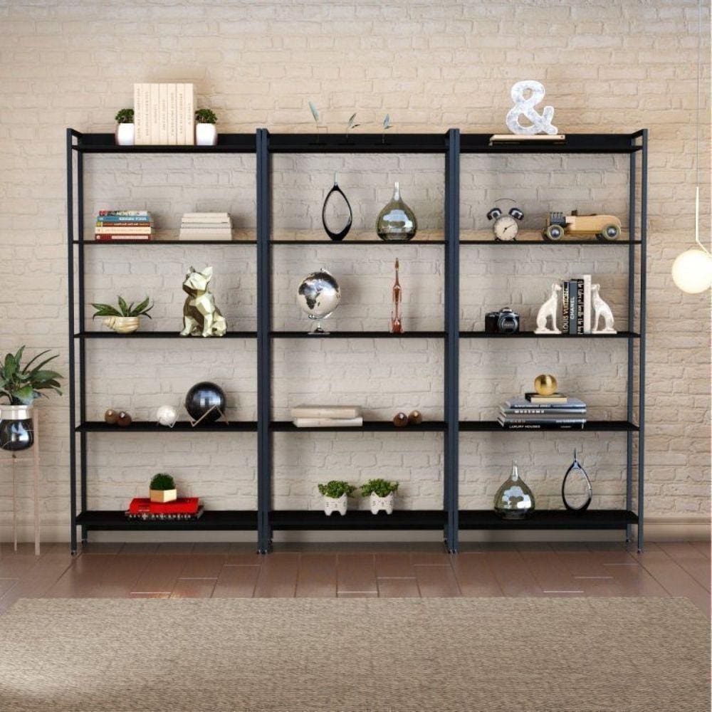 Conjunto 3 Estantes para Livros Industrial Aço 15 Prateleiras 187x240cm Active Yescasa Preto Onix