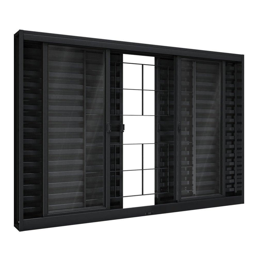 Janela de Aço Veneziana de Correr Central com Grade Quadrada 6 Folhas 100x120cm Aço Pronto Riobras Preto