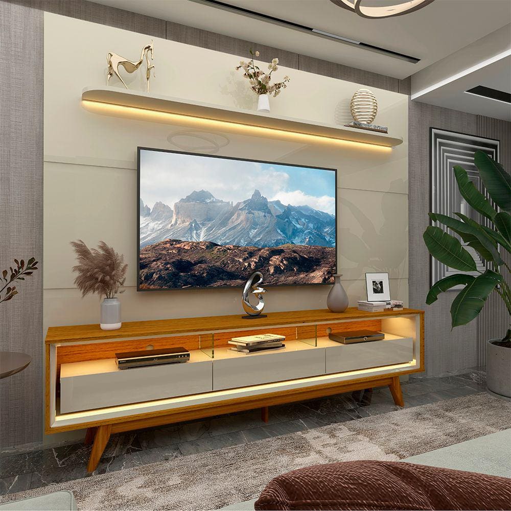 Rack Com Painel Para TV Até 75 Com Led Nobre Royal 220 Com Pés Off Naturale - Gelius