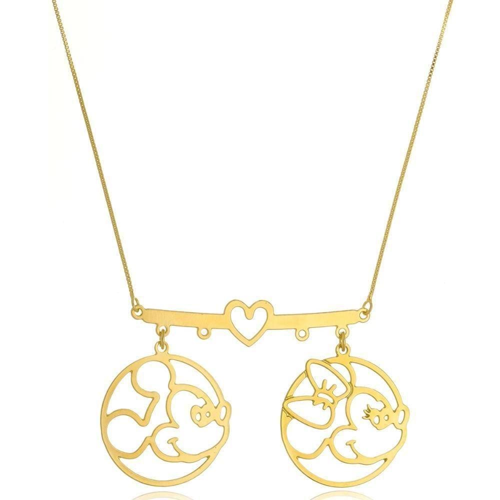 Colar Personalizado Mickey E Minnie Coração Folheado Em Ouro 18k [f027]