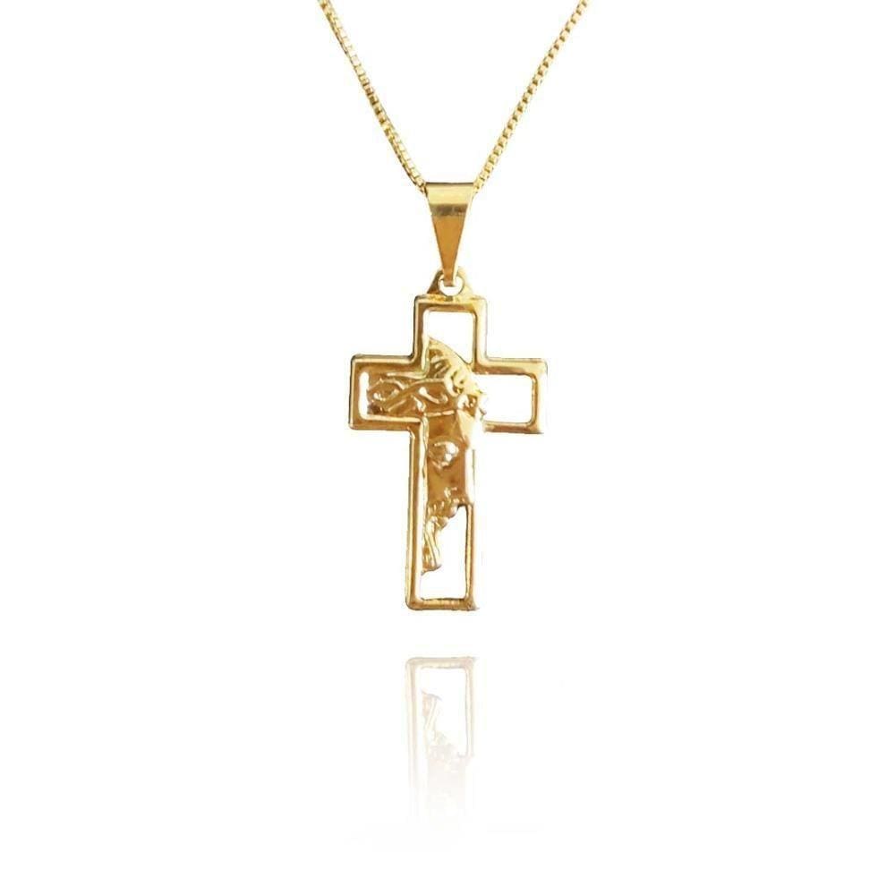 Colar Com Pingente De Cruz E Face De Jesus Folheado Em Ouro 18k [f027]