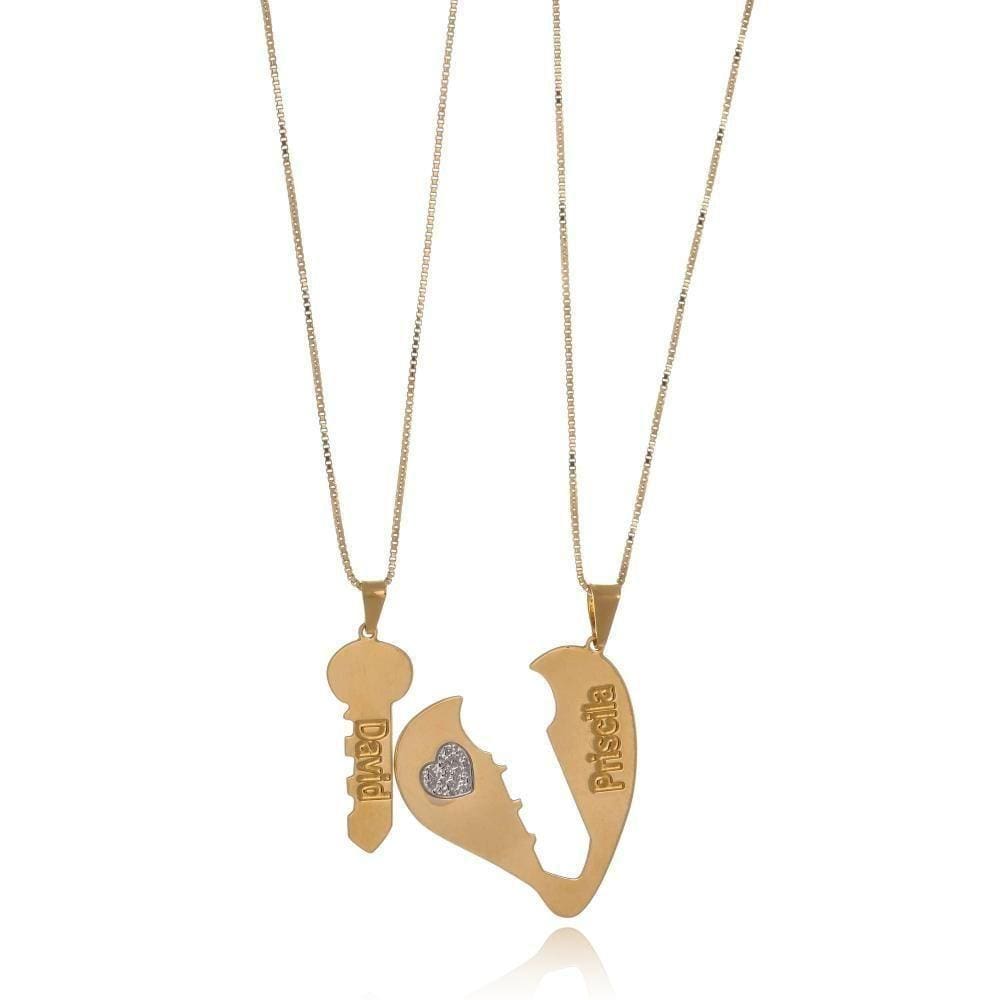 Colar Personalizado Coração E Chave Que Se Completam Folheado Em Ouro 18k [f027]