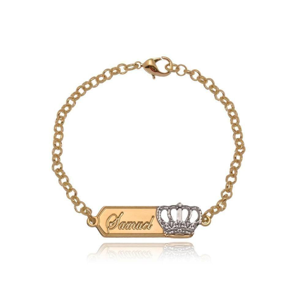 Pulseira Personalizada Chapada Com Nome E Coroa Folheado Em Ouro 18k [f027]