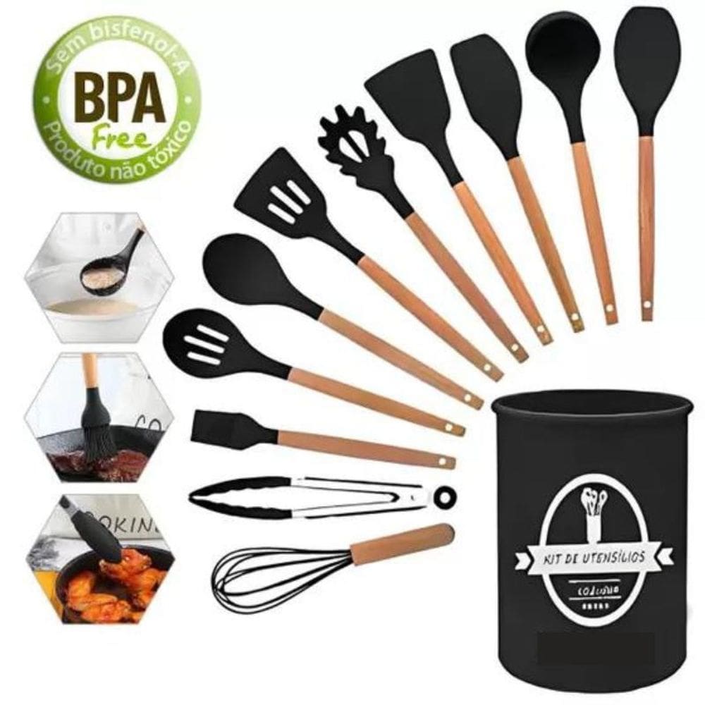 Conjunto 12 Utensílios Cozinha Silicone Conjunto Cabo