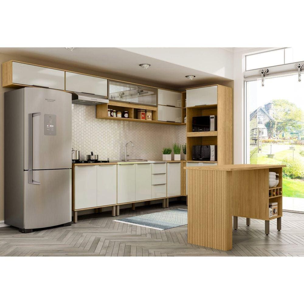Cozinha Modulada Verace 9 Peças com Balcão Ilha Marrocos/Off White