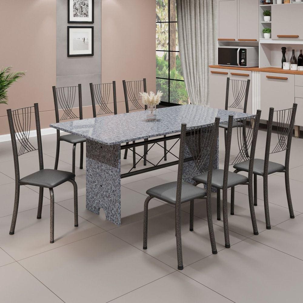 Conjunto de Mesa Tampo de Granito Ocre com 8 Cadeiras Lorena Preto Liso/Mart Prata