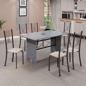 Conjunto de Mesa Tampo de Granito Ocre com 6 Cadeiras Lorena Yescasa Botanic Bege/Mart Prata