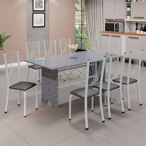 Conjunto de Mesa Tampo de Granito Ocre com 8 Cadeiras Lorena Preto Liso/Branco