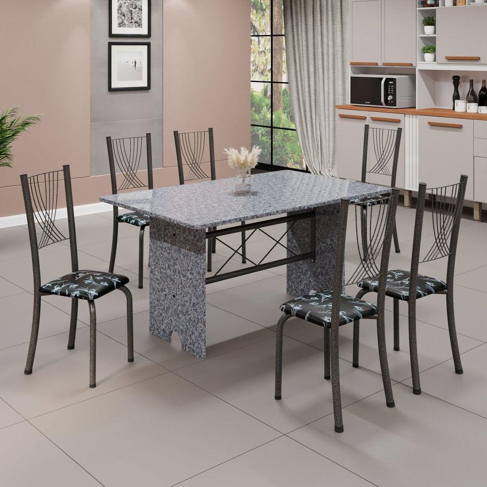 Conjunto de Mesa Tampo de Granito Ocre com 6 Cadeiras Lorena Yescasa Preto Floral/Mart Prata