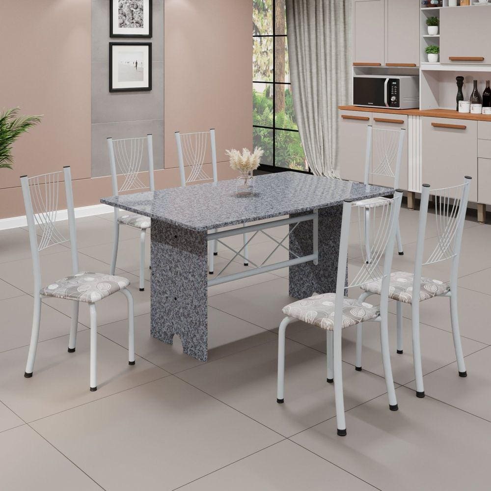 Conjunto de Mesa Tampo de Granito Ocre com 6 Cadeiras Lorena Paraopeba/Branco