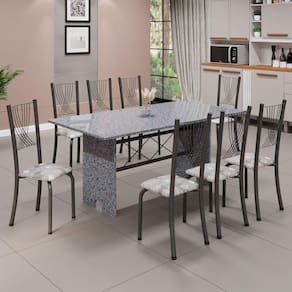 Conjunto de Mesa Tampo de Granito Ocre com 8 Cadeiras Lorena Yescasa Paraopeba/Mart Prata